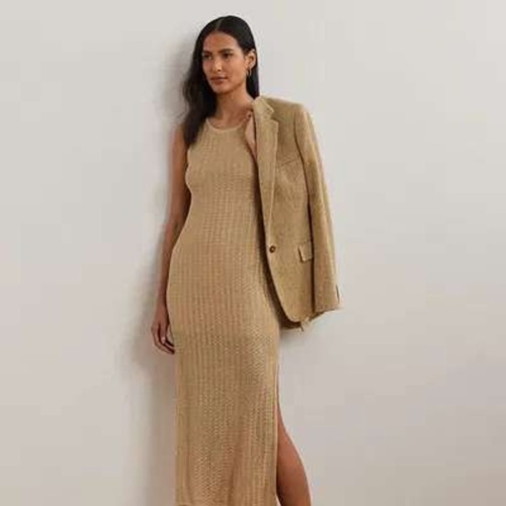 LRL Ralph Lauren Tan Crochet Sleeveless Midi Dress Womens Large Resort $265 NWT